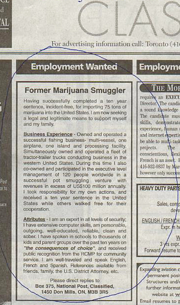 Former Marijuana Smuggler Needs a Job